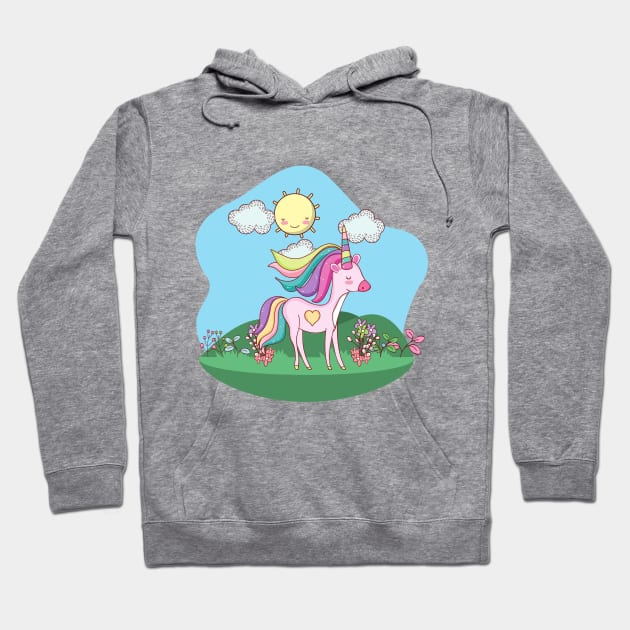 Cute Little Unicorn With Heart Standing In a Field On a Sunny Day Hoodie by Vegan Squad